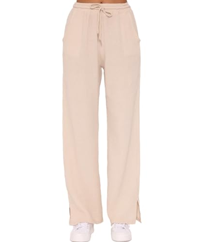 SASSYCLASSY Damen Musselin Hose M - Stoffhose luftig & leicht - High Waist Sommerhose in Beige von SASSYCLASSY