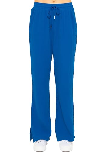 SASSYCLASSY Damen Musselin Hose M - Stoffhose luftig & leicht - High Waist Sommerhose in Blau von SASSYCLASSY