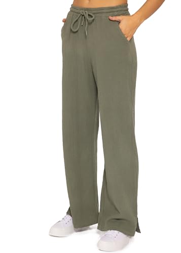 SASSYCLASSY Damen Musselin Hose M - Stoffhose luftig & leicht - High Waist Sommerhose in Khaki Grün von SASSYCLASSY