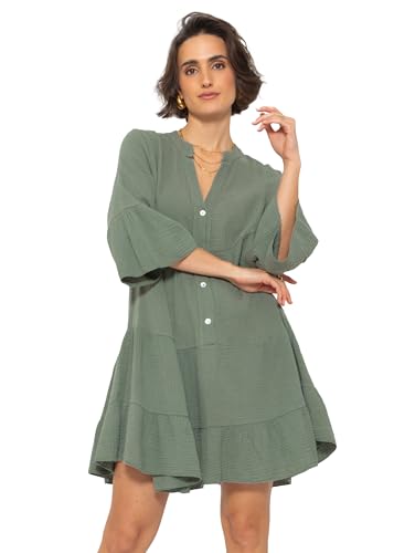 SASSYCLASSY Damen Musselin Kleid OneSize Khaki Grün - Sommerkleid für Damen elegant - Festkleid atmungsaktiv und hochwertig - 3/4 Ärmel mit V-Ausschnitt Oberteile erhältlich von SASSYCLASSY