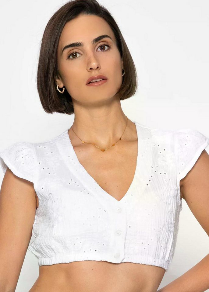 SASSYCLASSY Dirndlbluse Dirndlbluse aus Musselin mit Stickerei für Damen Traditionelle Trachtenbluse mit V Ausschnitt und Flügelärmel Weiß von SASSYCLASSY