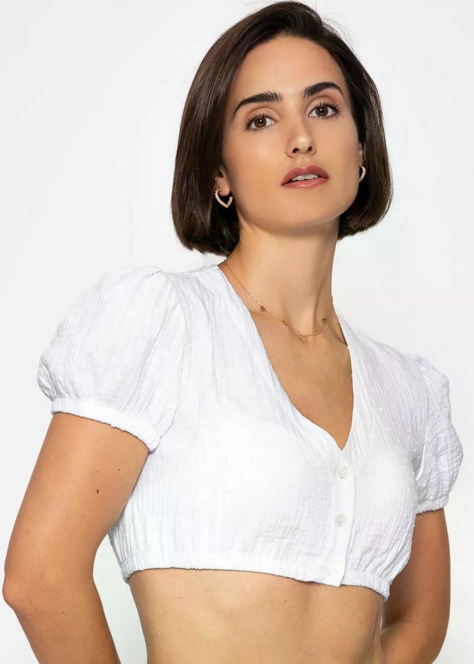 SASSYCLASSY Dirndlbluse Dirndlbluse aus Musselin mit Tupfen für Damen Traditionelle Trachtenbluse mit V Ausschnitt und Puffärmeln Weiß von SASSYCLASSY