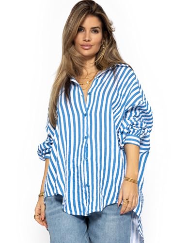 SASSYCLASSY Gestreifte Oversize Musselin Bluse Damen Langarm - Oversized Freizeit Look mit Streifen - Hemdbluse lang aus Baumwolle mit V Ausschnitt - Long-Bluse One Size (Gr. 36-48) Blau von SASSYCLASSY