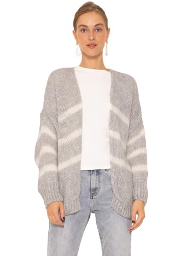 SASSYCLASSY Gestreifter Oversize Cardigan Damen - Made in Italy - Langarm Strickjacke Damen Grobstrick V Ausschnitt - Strickweste & Strickjacken für Damen kurz - Grobstrickjacke Herbst Strickcardigan von SASSYCLASSY