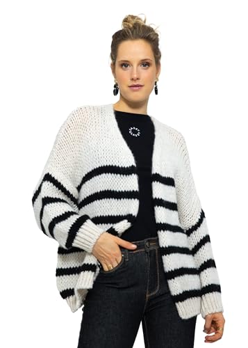 SASSYCLASSY Gestreifte Strickjacken für Damen - Cardigan Damen kurz mit offener Front - Grobstrickjacke Damen Langarm in Weiß Schwarz – Größe S von SASSYCLASSY