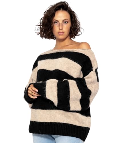 SASSYCLASSY Gestreifter Pullover Damen Winter - Oversize Sweater mit Blockstreifen Beige Schwarz - Sweatshirt Damen - Strickpulli Damen gestreift Langarm - Strickpullover Damenpullover Rundhals L/XL von SASSYCLASSY