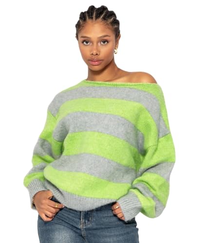 SASSYCLASSY Gestreifter Pullover Damen Winter - Oversize Sweater mit Blockstreifen Grau Grün - Sweatshirt Damen - Strickpulli Damen gestreift Langarm - Strickpullover Damenpullover Rundhals L/XL von SASSYCLASSY