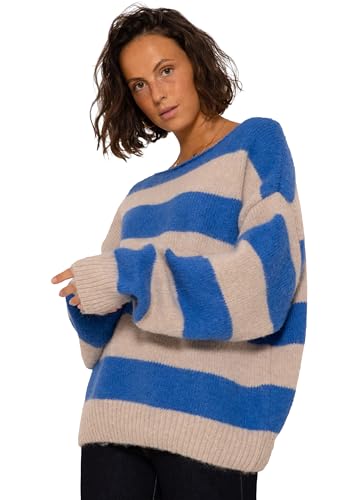 SASSYCLASSY Damen Pullover Oversize mit Blockstreifen - U Boot Ausschnitt & Langarm - Blau Beige - Größen S M von SASSYCLASSY