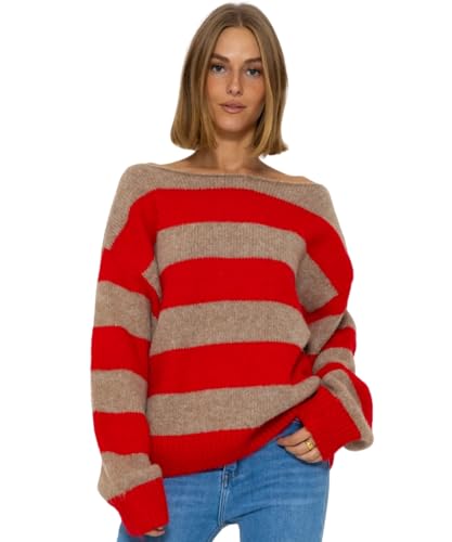 SASSYCLASSY Gestreifter Pullover Damen Winter - Oversize Sweater mit Blockstreifen Grau Grün - Sweatshirt Damen - Strickpulli Damen gestreift Langarm - Strickpullover Damenpullover Rundhals S/M von SASSYCLASSY