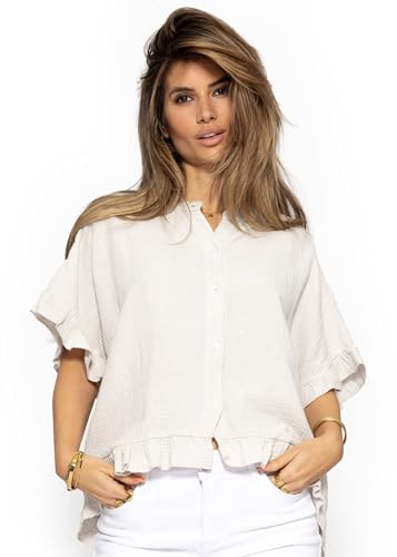 SASSYCLASSY Halbarm Bluse Damen - Rüschenbluse - Musselin Bluse Kurzarm V-Ausschnitt - Damenblusen Hellbeige Rosa - Blusenshirt - Hemdbluse - Shirt Sommer Elegant - Luftige Sommerbluse S M L von SASSYCLASSY