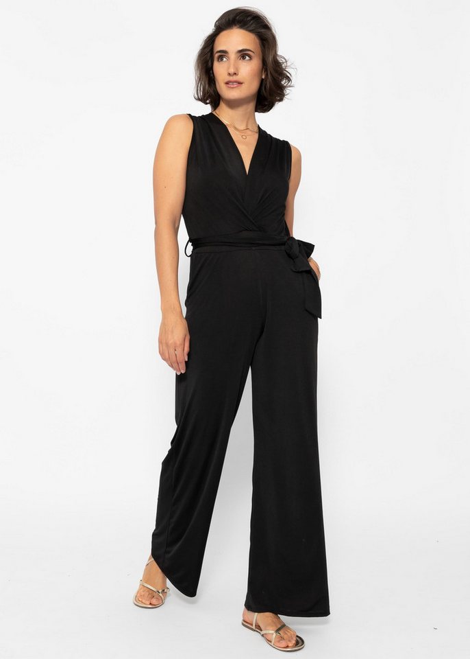 SASSYCLASSY Jumpsuit Sportlicher Jumpsuit mit weitem Bein und Taschen Ärmelloser Jumpsuit in Wickeloptik und Bindegürtel von SASSYCLASSY