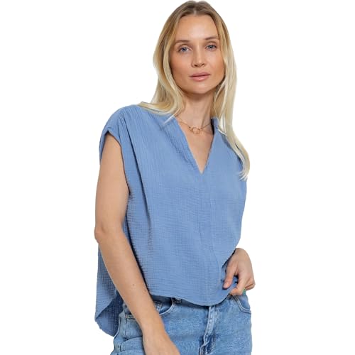 SASSYCLASSY Kurzarm Musselin Bluse Damen - 100% leichte, luftige Baumwolle - Sommer Hemd Musselinbluse Jeansblau - atmungsaktive Damenblusen in den Größen: S, M, L von SASSYCLASSY