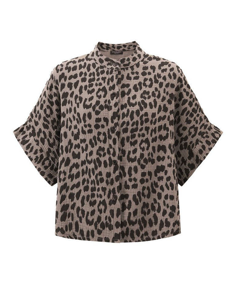 SASSYCLASSY Kurzarmbluse Oversize Musselin Bluse Damen Kurzarm Elegant Sommer Hemdbluse aus Baumwolle mit V-Ausschnitt in Animal-Print von SASSYCLASSY