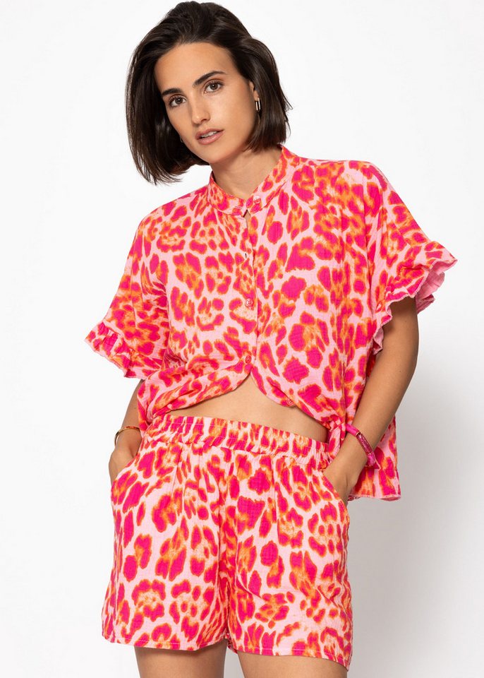 SASSYCLASSY Kurzarmbluse Oversize Musselin Hemdbluse Damen mit Rüschensaum Kurzärmelige Musselinbluse aus Baumwolle mit V-Ausschnitt von SASSYCLASSY