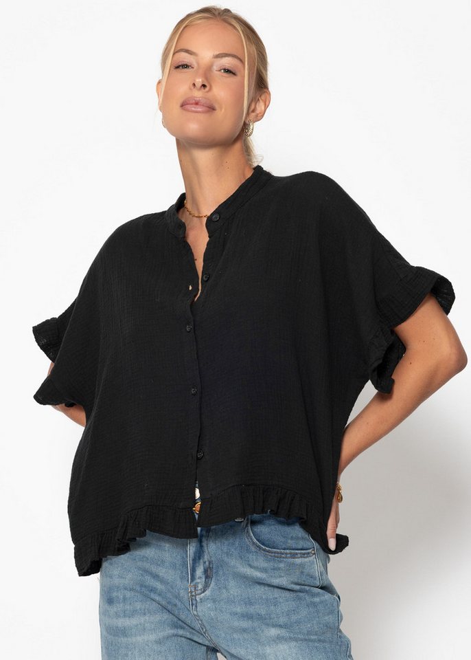 SASSYCLASSY Kurzarmbluse Oversize Musselin Hemdbluse Damen mit Rüschensaum Kurzärmelige Musselinbluse aus Baumwolle mit V-Ausschnitt von SASSYCLASSY