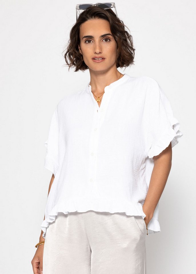 SASSYCLASSY Kurzarmbluse Oversize Musselin Hemdbluse Damen mit Rüschensaum Kurzärmelige Musselinbluse aus Baumwolle mit V-Ausschnitt von SASSYCLASSY