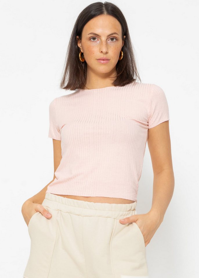 SASSYCLASSY Kurzarmshirt Cropped Basic T-Shirt Kurzarm Jersey Shirt in Rippenoptik und Rundhalsausschnitt von SASSYCLASSY