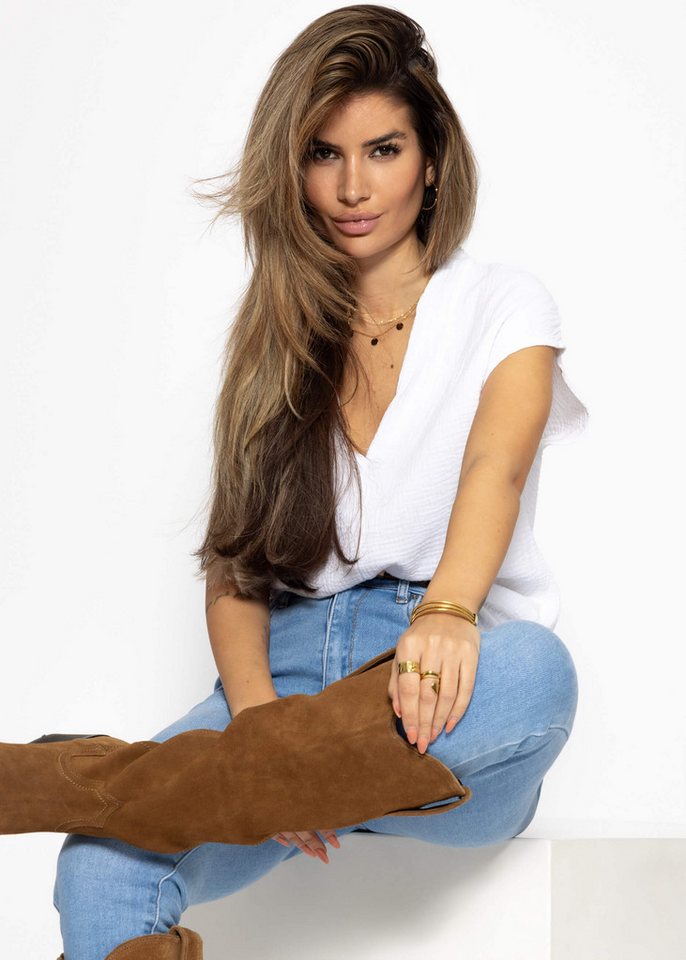 SASSYCLASSY Kurzarmshirt Musselin Shirt Damen kurz mit V-Ausschnitt Elegant Lockere ärmellose Top mit Teilungsnaht aus Baumwolle Schwarz Weiß Rosa von SASSYCLASSY