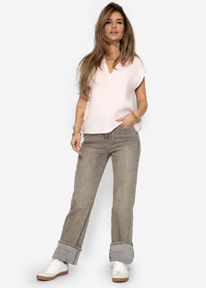 SASSYCLASSY Kurzarmshirt Musselin Shirt Damen kurz mit V-Ausschnitt Elegant Lockere ärmellose Top mit Teilungsnaht aus Baumwolle Schwarz Weiß Rosa von SASSYCLASSY