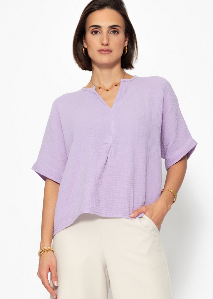SASSYCLASSY Kurzarmshirt Oversize Musselin Shirt Damen kurz in V-Ausschnitt Lockere Kurzarm Shirt aus weichem Baumwolle mit feinem Schlitz Elegant von SASSYCLASSY