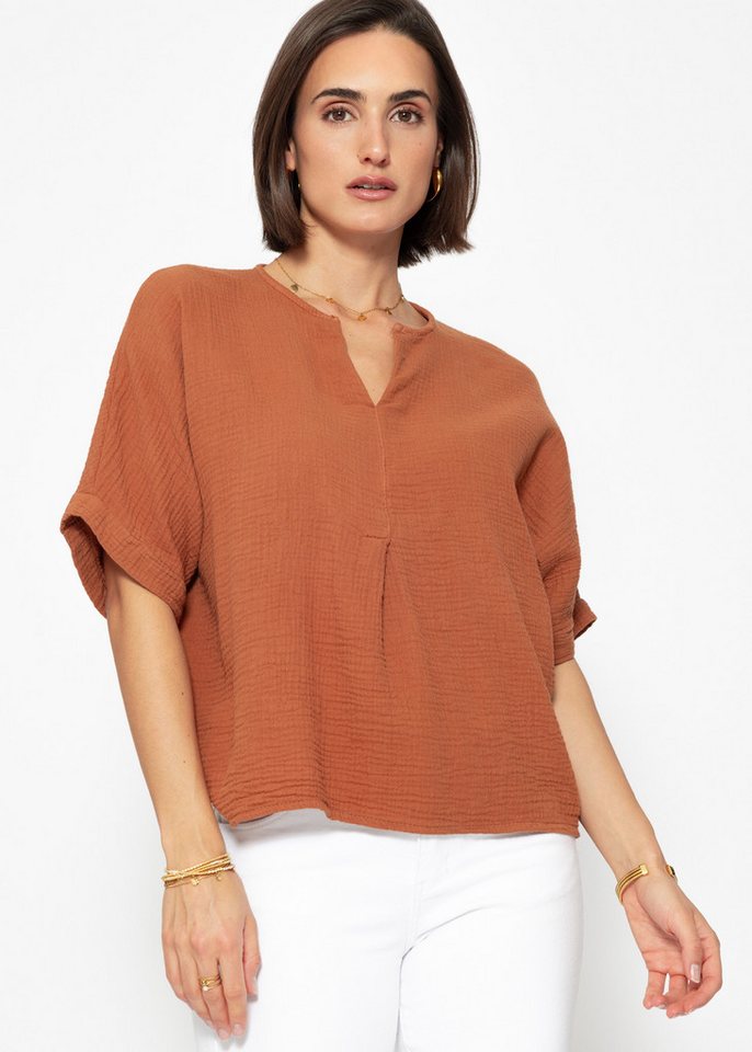 SASSYCLASSY Kurzarmshirt Oversize Musselin Shirt Damen kurz in V-Ausschnitt Lockere Kurzarm Shirt aus weichem Baumwolle mit feinem Schlitz Elegant von SASSYCLASSY