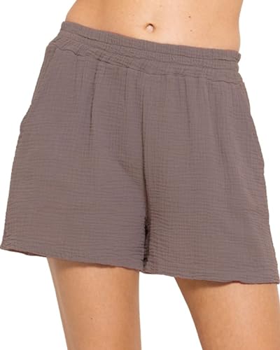 SASSYCLASSY Kurze Hose Damen Baumwolle - Shorts Damen Sommer L - Musselin Hose Damen kurz mit elastischer Taille in Taupe von SASSYCLASSY