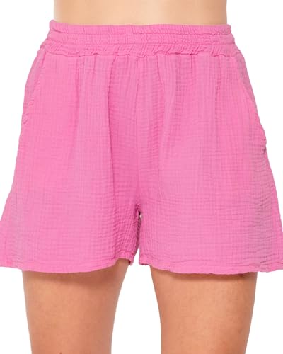 SASSYCLASSY Kurze Hose Damen Baumwolle - Shorts Damen Sommer M - Musselin Hose Damen kurz mit elastischer Taille in Rosa von SASSYCLASSY