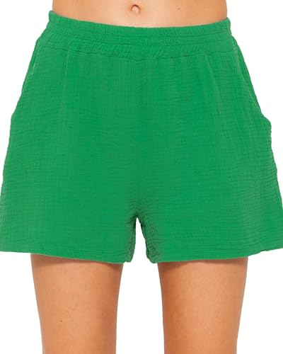 SASSYCLASSY Kurze Hose Damen Baumwolle - Shorts Damen Sommer S - Musselin Hose Damen kurz mit elastischer Taille in Grün von SASSYCLASSY