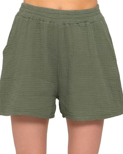 SASSYCLASSY Kurze Hose Damen Baumwolle - Shorts Damen Sommer XS - Musselin Hose Damen kurz mit elastischer Taille in Khaki von SASSYCLASSY