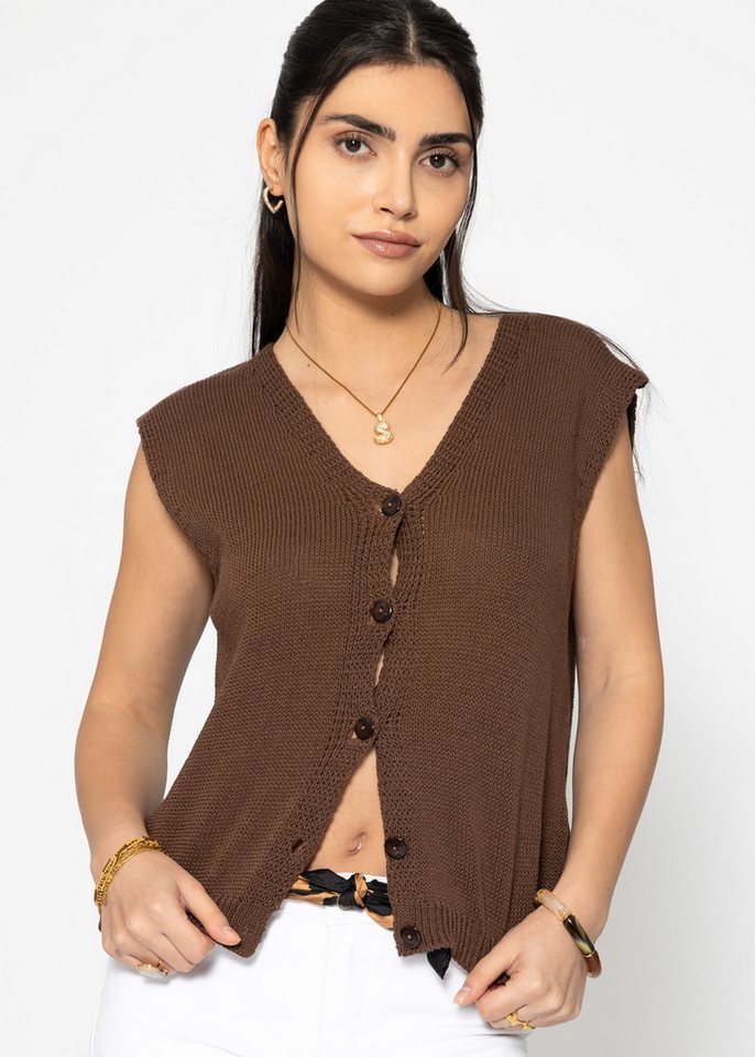 SASSYCLASSY Kurzweste Ärmellose Strickweste Damen Grober Strick V-Ausschnitt Knöpfe leicht & feminin von SASSYCLASSY
