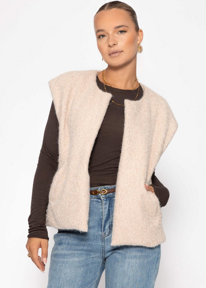 SASSYCLASSY Kurzweste Ärmellose Weste mit Wollstruktur für Damen Cozy Weste im offenem kastigen Schnitt mit Wollstruktur Grau Beige von SASSYCLASSY