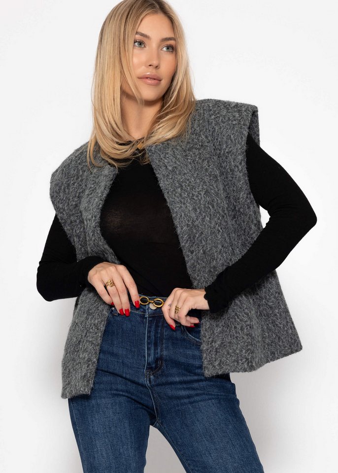 SASSYCLASSY Kurzweste Ärmellose Weste mit Wollstruktur für Damen Cozy Weste im offenem kastigen Schnitt mit Wollstruktur Grau Beige von SASSYCLASSY