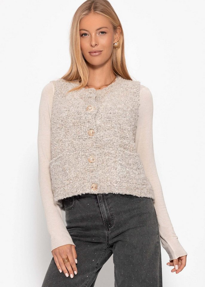 SASSYCLASSY Kurzweste Bouclé-Weste mit aufgesetzten Taschen für Damen Weiche Weste mit goldfarbenen Knöpfen Greige Rosa Schwarz von SASSYCLASSY