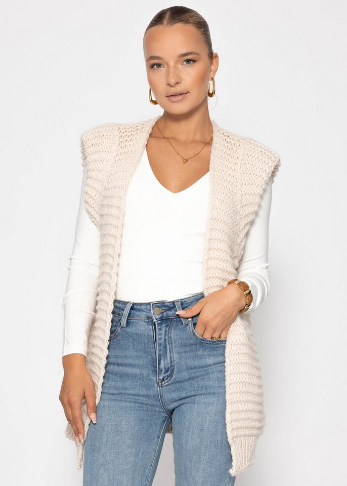SASSYCLASSY Kurzweste Lange ärmellose Strickweste für Damen Weste aus grobem Strick mit strukturierten Schultern Offwhite Schwarz von SASSYCLASSY