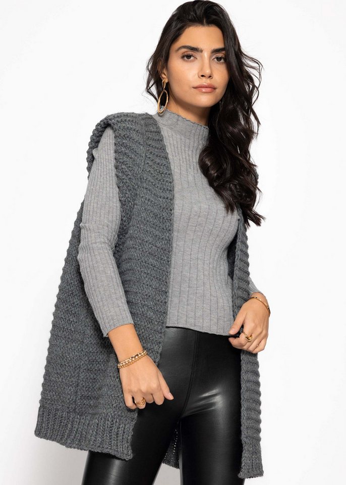 SASSYCLASSY Kurzweste Lange ärmellose Strickweste für Damen Weste aus grobem Strick mit strukturierten Schultern Offwhite Schwarz von SASSYCLASSY