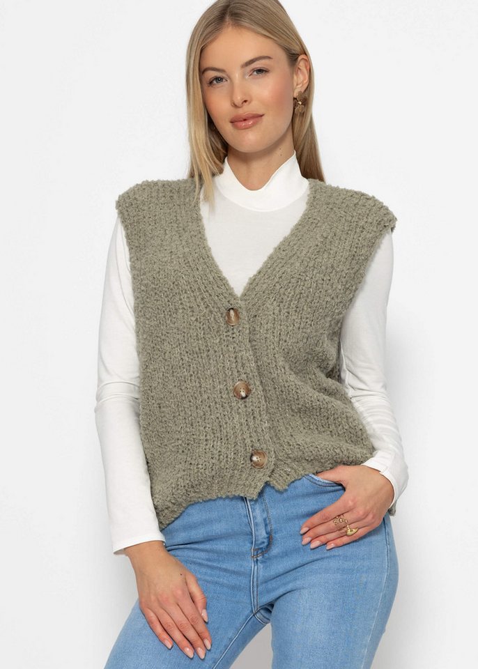 SASSYCLASSY Kurzweste Oversize Strickweste Damen mit Knöpfe Elegant Lässigere Weste aus Grobstrick Khaki Hellgrau von SASSYCLASSY