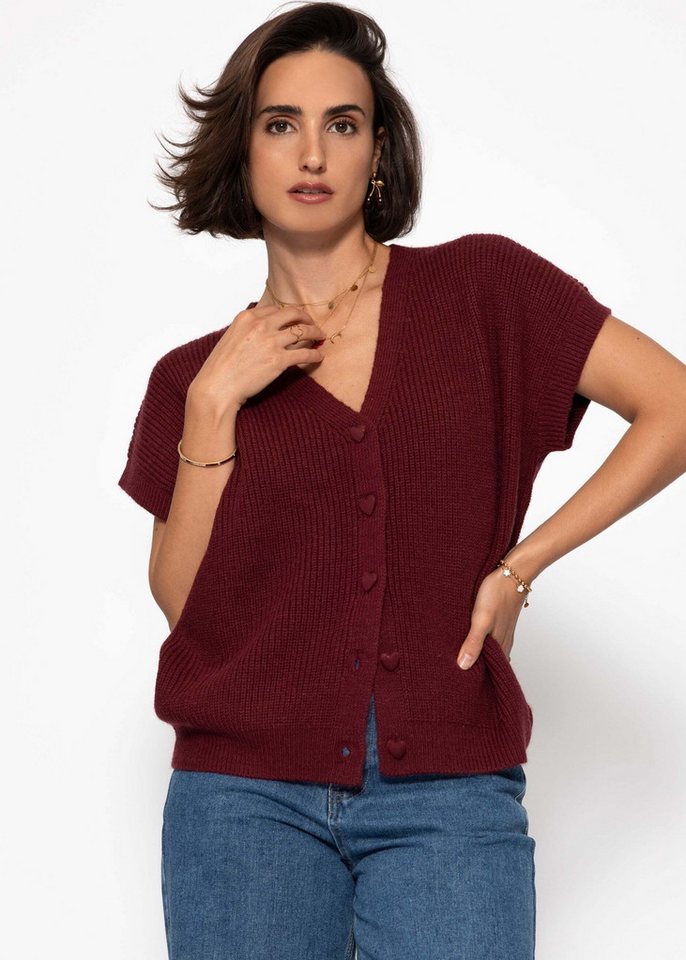 SASSYCLASSY Kurzweste Strickweste mit Herzknöpfen für Damen Weiche Weste mit kurzen Ärmeln und V-Ausschnitt Beige Burgundy von SASSYCLASSY