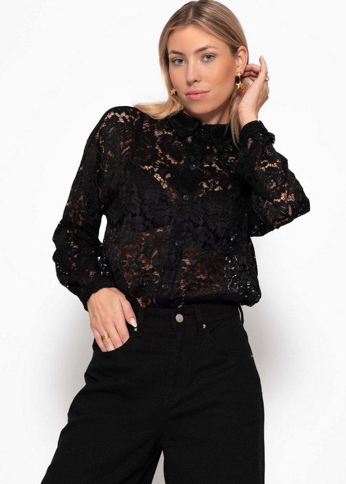 SASSYCLASSY Langarmbluse Bluse aus transparenter Spitze für Damen Elegante Buse mit Hemdblusenkragen im lockeren Schnitt Braun Schwarz von SASSYCLASSY