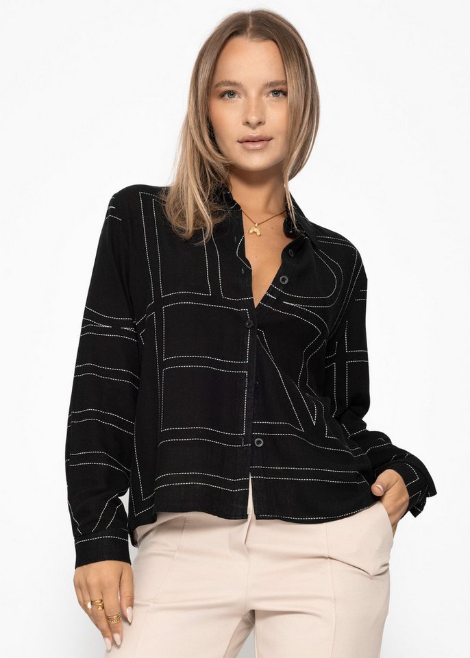 SASSYCLASSY Langarmbluse Bluse mit minimalistischem Print für Damen Lässige Bluse aus Baumwolle modernes Muster Schwarz von SASSYCLASSY