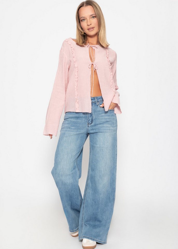 SASSYCLASSY Langarmbluse Feminine Bluse Damen mit Rüschen und Schleifen Luftige Damenbluse langarm aus Baumwolle zum Binden Beige Rosa Schwarz von SASSYCLASSY