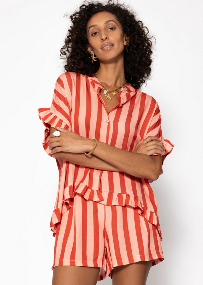 SASSYCLASSY Langarmbluse Gestreifte Bluse mit Rüschensaum für Damen Oversize Viskosebluse mit weiten Ärmeln und Knopfleiste Rot von SASSYCLASSY