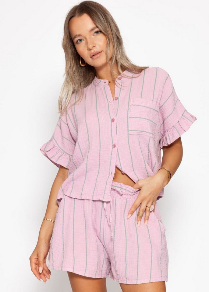 SASSYCLASSY Langarmbluse Gestreifte Musselin Bluse mit Volants Damen Musselinbluse im oversized Schnitt mit Streifenlook rosa von SASSYCLASSY