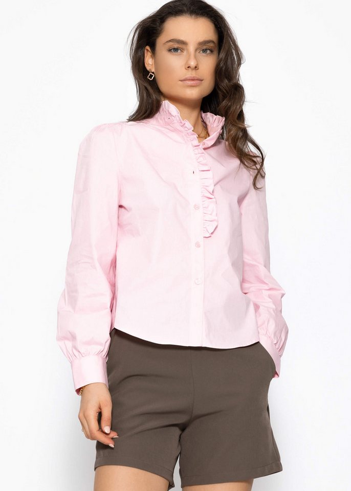 SASSYCLASSY Langarmbluse Hemdbluse Damen Elegant mit Volants und Rüschen Lässige Bluse mit V-Ausschnitt mit Herzstickerei - Schwarz Weiß Rosa von SASSYCLASSY