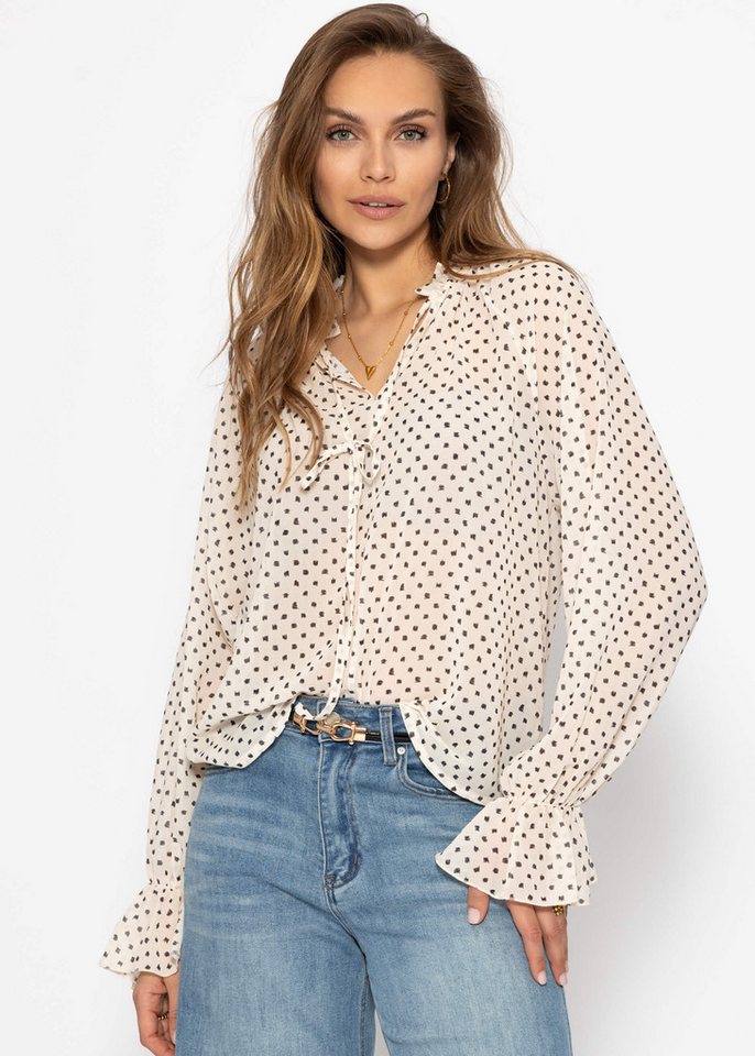 SASSYCLASSY Langarmbluse Hemdbluse aus Chiffon mit Pünktchen-Print Elegant Lässige fließende Chiffonbluse mit Rüschenkragen und Bindeband Beige von SASSYCLASSY