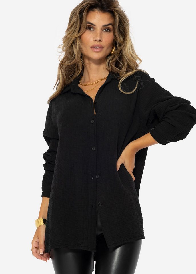 SASSYCLASSY Langarmbluse Klassische Musselin Bluse Damen Langarm Bluse aus Musselinstoff - Made in Italy - Schwarz Offwhite von SASSYCLASSY
