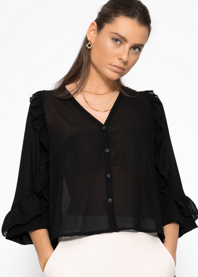 SASSYCLASSY Langarmbluse Langarm Chiffon Bluse Damen Elegant mit Volants Leichte Hemdbluse in V-Ausschnitt mit Rüschen an Ärmeln Schwarz Weiß von SASSYCLASSY