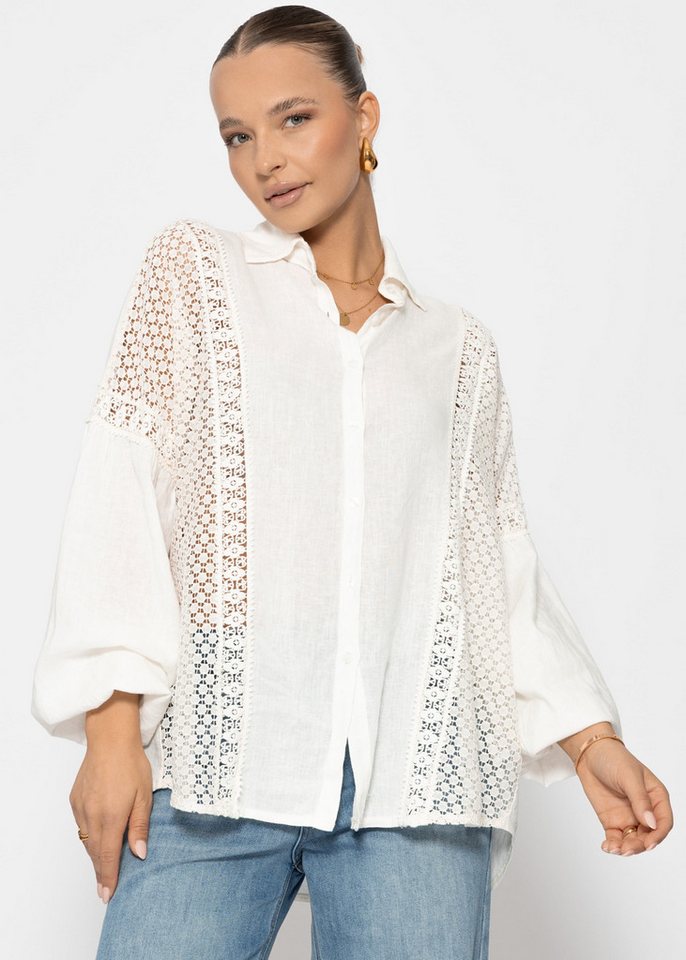 SASSYCLASSY Langarmbluse Leinen Bluse Damen mit Spitzeneinsätzen Oversize Blusenhemd Elegant mit Spitze und V-Ausschnitt Schwarz Weiß von SASSYCLASSY