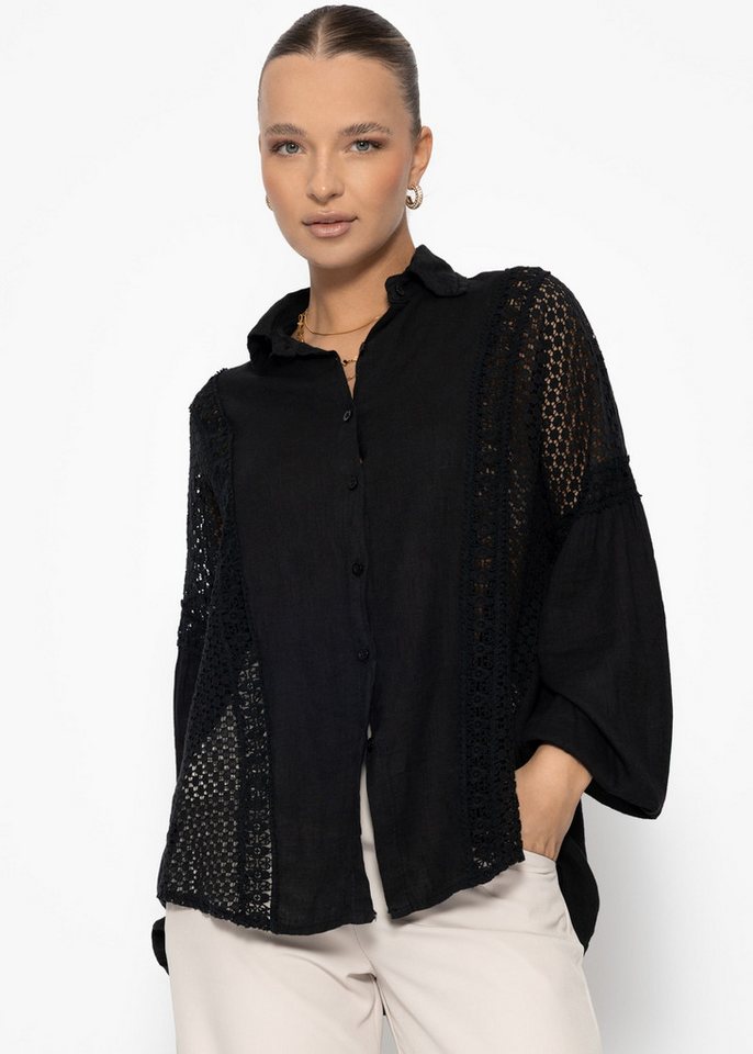 SASSYCLASSY Langarmbluse Leinen Bluse Damen mit Spitzeneinsätzen Oversize Blusenhemd Elegant mit Spitze und V-Ausschnitt Schwarz Weiß von SASSYCLASSY