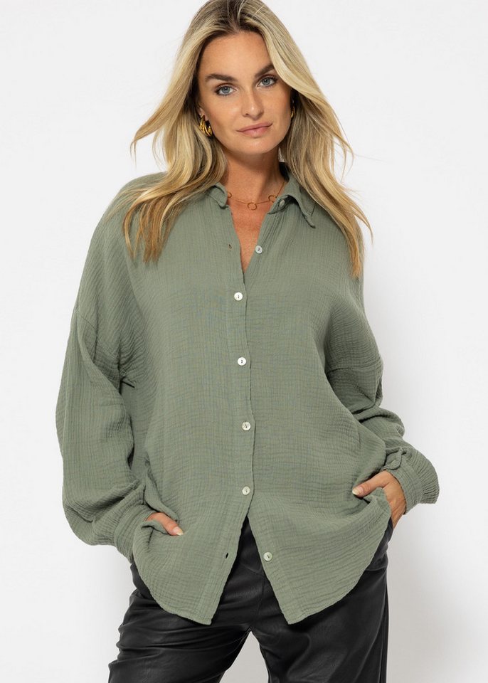 SASSYCLASSY Langarmbluse Oversize Musselin Bluse Damen kurz Langarm Elegant Hemdbluse lang aus Baumwolle mit V-Ausschnitt, One Size (Gr. 36-48) von SASSYCLASSY