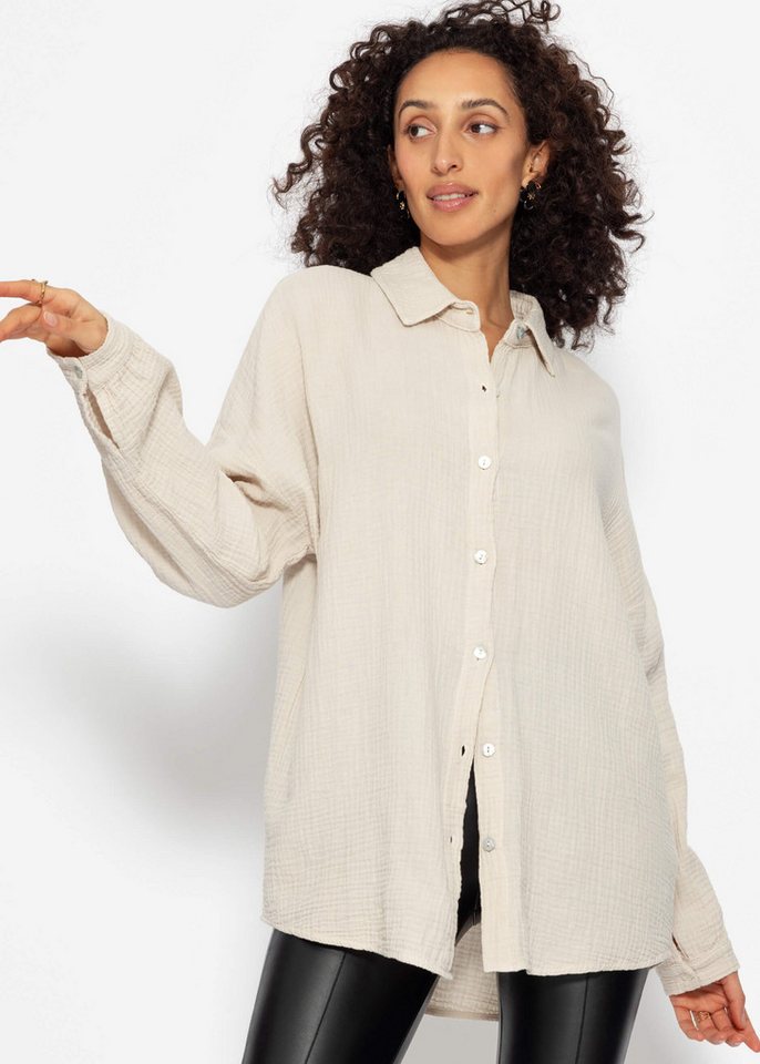 SASSYCLASSY Langarmbluse Oversize Musselin Bluse Damen kurz Langarm Elegant Hemdbluse lang aus Baumwolle mit V-Ausschnitt, One Size (Gr. 36-48) von SASSYCLASSY